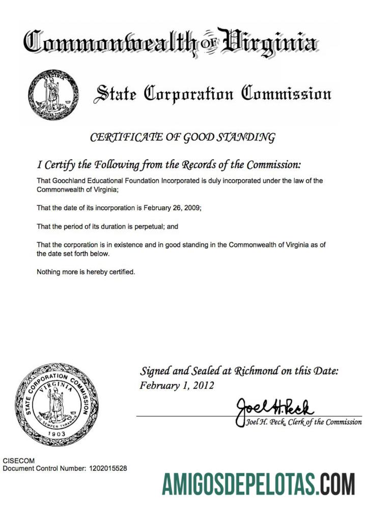 Exemplo de Certificado de Regularidade dos EUA na Virgínia